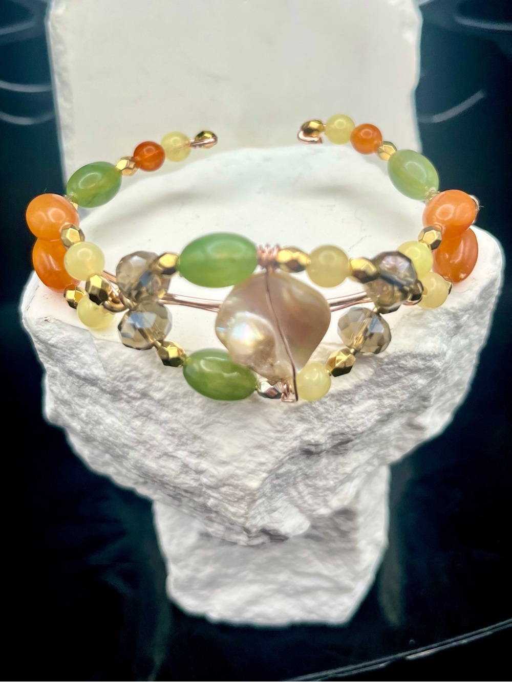Handmade Multicolor Natural Stone Beaded Cuff Bracelet with Mother of PearCenter